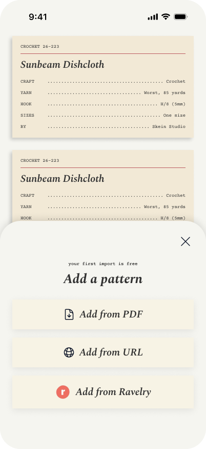 The new Add a Pattern sheet, sitting on the cream Pattern details surface, with three import options as Spectral-italic pills: Add from PDF, Add from URL, Add from Ravelry.