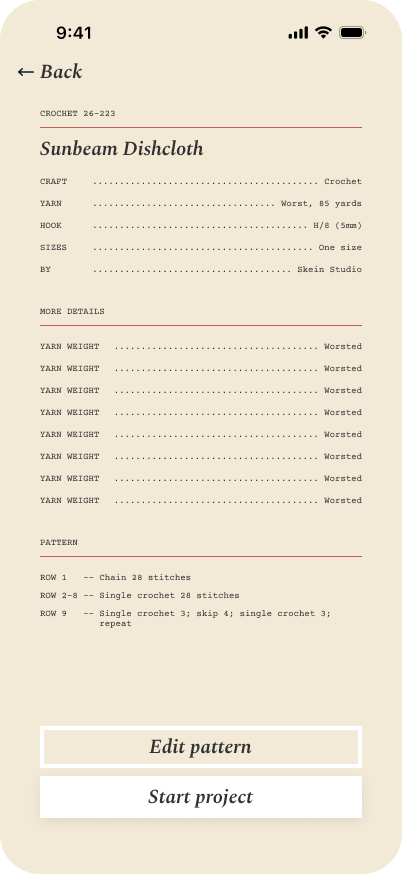 New Pattern details on the cream surface, Spectral italic title, dotted-leader metadata, MORE DETAILS and PATTERN section headers, pinned Edit pattern and Start project buttons at the bottom.