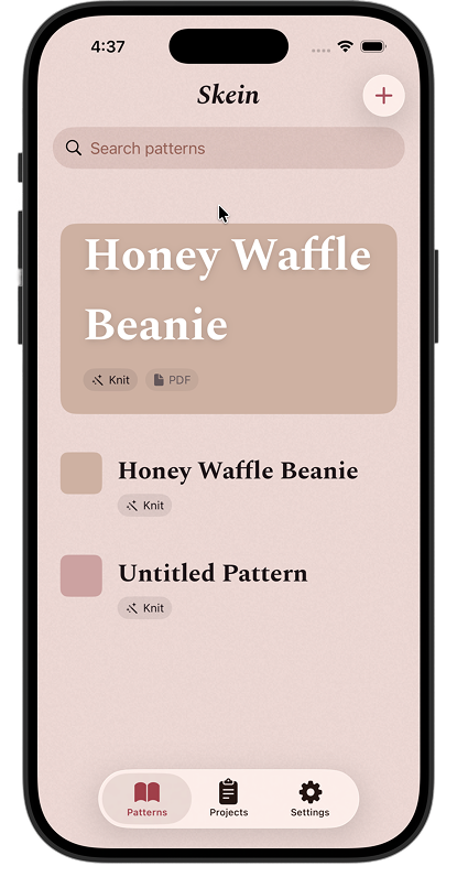 The old Patterns list. Peach background, placeholder thumbnail squares, standard SwiftUI tab bar.