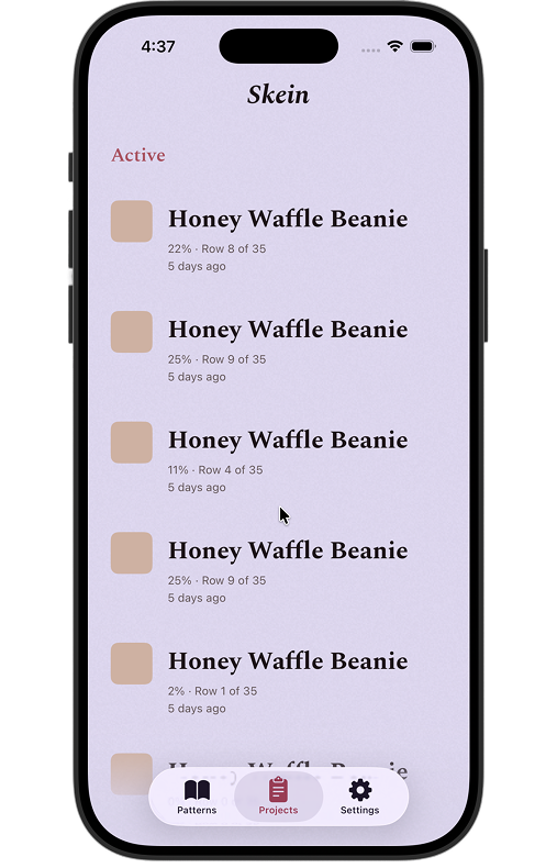 The old Projects list. Lavender background, plain rows, no visual identity tying it to the rest of the app.
