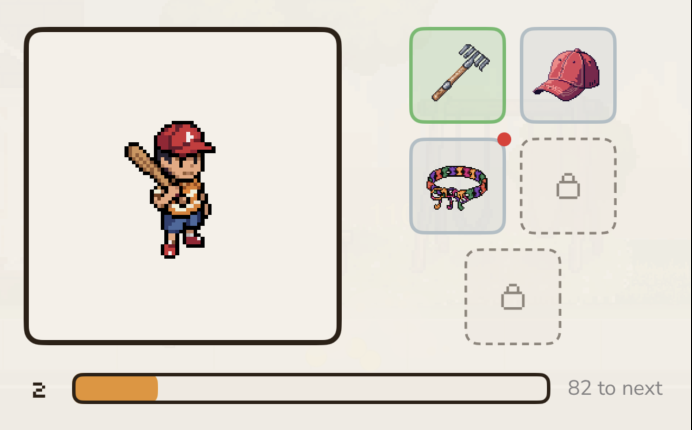 Sam, the kid hero of Latchkey, in the Hero panel with a baseball bat and a few pieces of equipped gear.